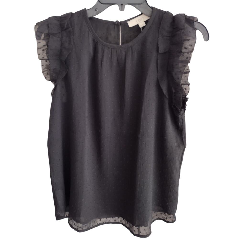 LOFT NEW Black Swiss Dot Chiffon-Overlay Ruffle Cap-Sleeve Blouse Small Petite
